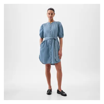 Šaty GAP Shortsleeve Puff Sleeve Denim Shirtdress Light Wash Indigo