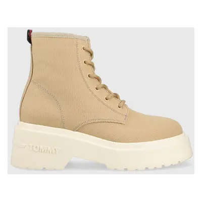 Botky Tommy Jeans LACE UP FESTIV BOOTS dámské, béžová barva, EN0EN02133