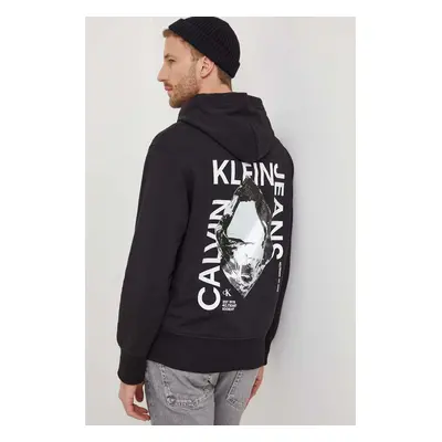 Bavlněná mikina Calvin Klein Jeans pánská, černá barva, s kapucí, s potiskem, J30J324631