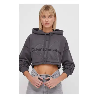 Bavlněná mikina Calvin Klein Jeans dámská, šedá barva, s kapucí, s aplikací, J20J222540