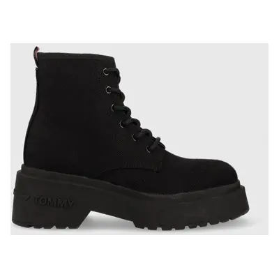 Botky Tommy Jeans LACE UP FESTIV BOOTS dámské, černá barva, EN0EN02133