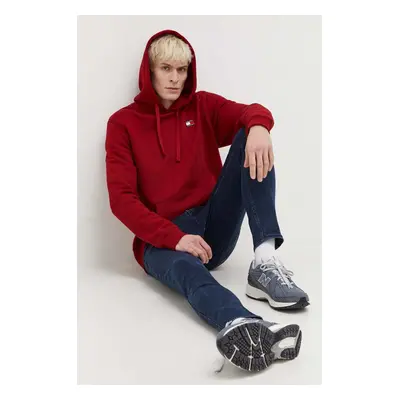 Bavlněná mikina Tommy Jeans pánská, vínová barva, s kapucí, hladká, DM0DM17988