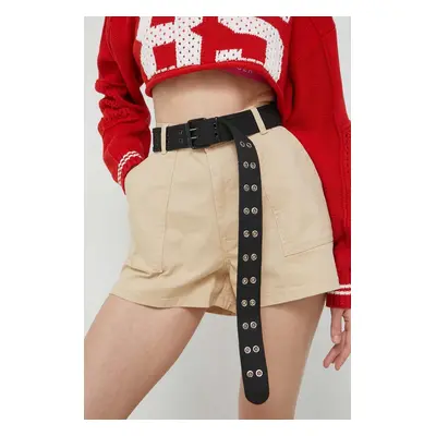 Kraťasy Tommy Jeans dámské, béžová barva, hladké, high waist