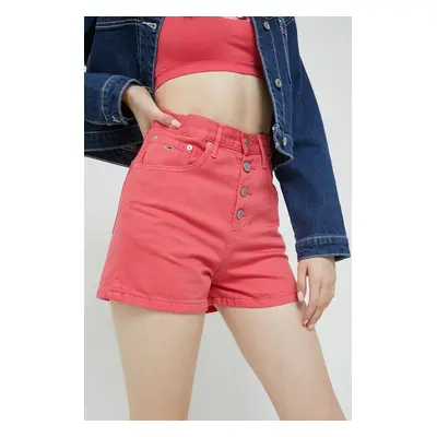 Džínové šortky Tommy Jeans dámské, růžová barva, hladké, high waist