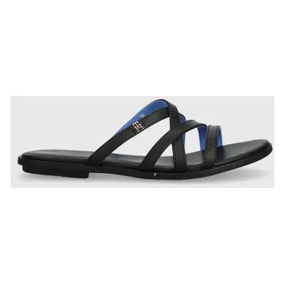 Kožené pantofle Tommy Hilfiger TH STRAP FLAT SANDAL dámské, černá barva, FW0FW08067