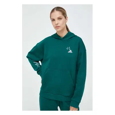 Mikina adidas dámská, zelená barva, s kapucí, s aplikací