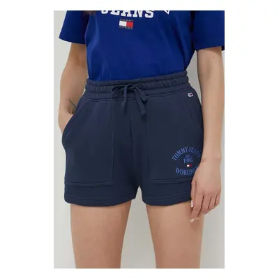 Bavlněné šortky Tommy Jeans tmavomodrá barva, s potiskem, high waist