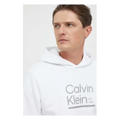 Bavlněná mikina Calvin Klein pánská, bílá barva, s kapucí, s potiskem