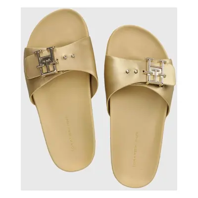 Kožené pantofle Tommy Hilfiger TH HARDWARE GOLD FLAT SANDAL dámské, zlatá barva, FW0FW07947