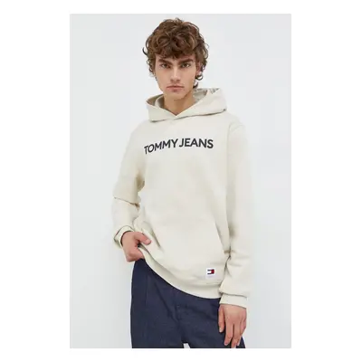 Bavlněná mikina Tommy Jeans pánská, béžová barva, s kapucí, s potiskem, DM0DM18413