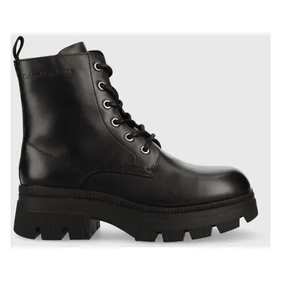 Kožené workery Calvin Klein Jeans Chunky Combat Laceup Boot dámské, černá barva, na plochém podp