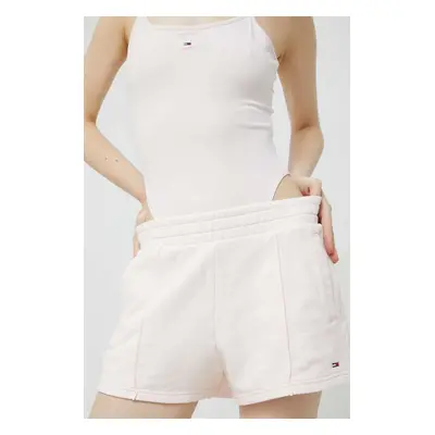 Bavlněné šortky Tommy Jeans růžová barva, hladké, high waist