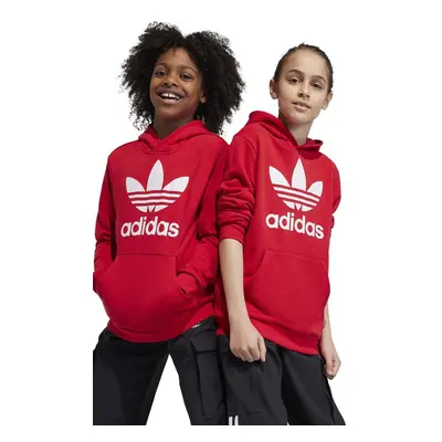 Dětská mikina adidas Originals TREFOIL červená barva, s kapucí, s potiskem