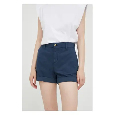 Kraťasy Mustang Chino Shorts dámské, tmavomodrá barva, hladké, high waist