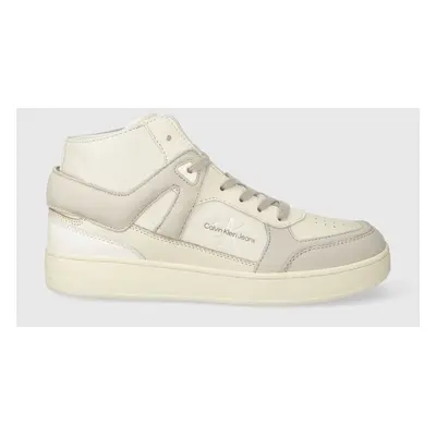 Kožené sneakers boty Calvin Klein Jeans BASKET CUPSOLE MID LTH ML FAD béžová barva, YM0YM00883