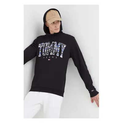 Bavlněná mikina Tommy Jeans pánská, černá barva, s kapucí, s potiskem