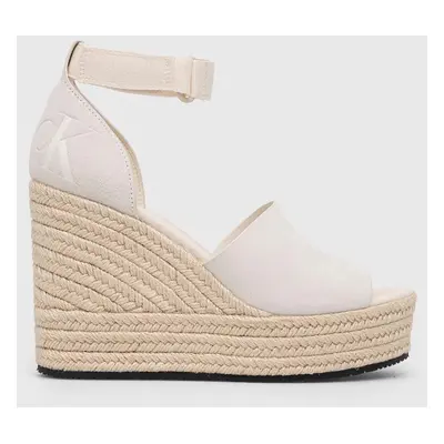 Sandály Calvin Klein Jeans WEDGE SANDAL WIDE SU CON dámské, béžová barva, na klínku, YW0YW00963