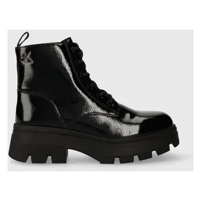 Farmářky Calvin Klein Jeans CHUNKY COMBAT LACEUP BOOT WN dámské, černá barva, na plochém podpatk