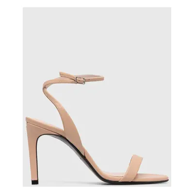 Kožené sandály Calvin Klein HEEL SANDAL 90 LTH béžová barva, HW0HW01945