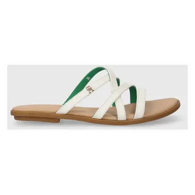 Kožené pantofle Tommy Hilfiger TH STRAP FLAT SANDAL dámské, béžová barva, FW0FW08067