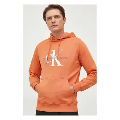 Bavlněná mikina Calvin Klein Jeans pánská, oranžová barva, s kapucí, s potiskem, J30J320805