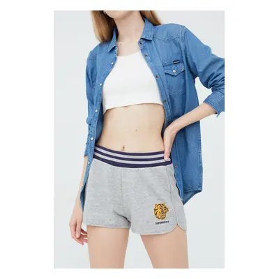 Kraťasy Superdry dámské, šedá barva, s aplikací, high waist