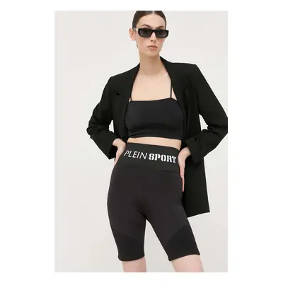 Kraťasy PLEIN SPORT dámské, černá barva, s potiskem, high waist