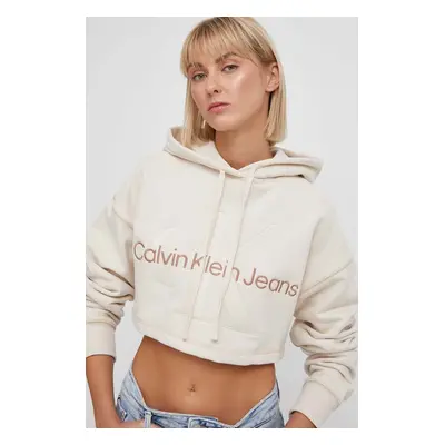 Bavlněná mikina Calvin Klein Jeans dámská, béžová barva, s kapucí, s aplikací, J20J222540