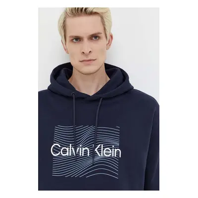 Bavlněná mikina Calvin Klein pánská, tmavomodrá barva, s kapucí, s potiskem