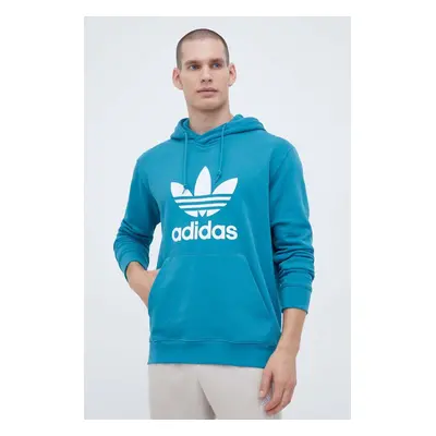 Bavlněná mikina adidas Originals pánská, tyrkysová barva, s kapucí, s potiskem