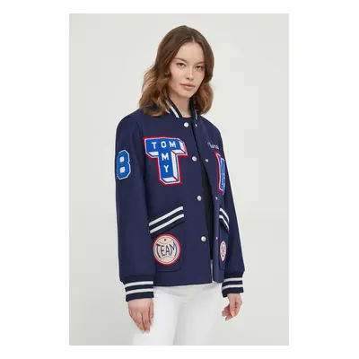 Vlněná bomber bunda Tommy Hilfiger tmavomodrá barva, přechodná, WW0WW40479