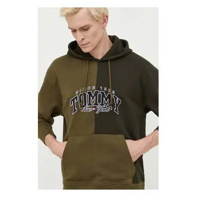 Bavlněná mikina Tommy Jeans pánská, zelená barva, s kapucí, s aplikací