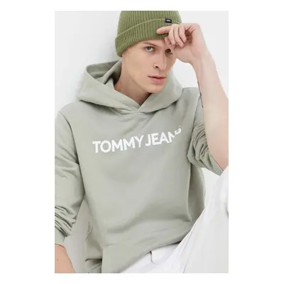 Bavlněná mikina Tommy Jeans pánská, zelená barva, s kapucí, s potiskem, DM0DM18413