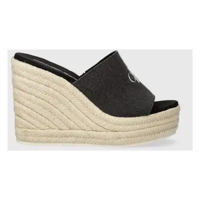 Pantofle Calvin Klein Jeans SLIDE WEDGE ROPE SANDAL ML BTW dámské, černá barva, na klínku, YW0YW