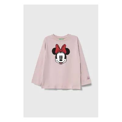 Dětské bavlněné tričko s dlouhým rukávem United Colors of Benetton x Disney růžová barva