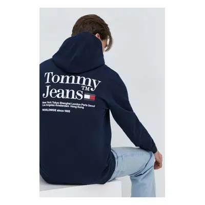 Mikina Tommy Jeans pánská, tmavomodrá barva, s kapucí, s potiskem, DM0DM18860