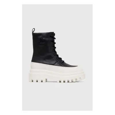 Kožené workery Calvin Klein Jeans FLATFORM LACE UP BOOT LTH dámské, černá barva, na platformě, Y