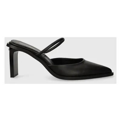 Kožené pantofle Calvin Klein PADDED CURVED STIL MULE PUMP 70 dámské, černá barva, na podpatku, H