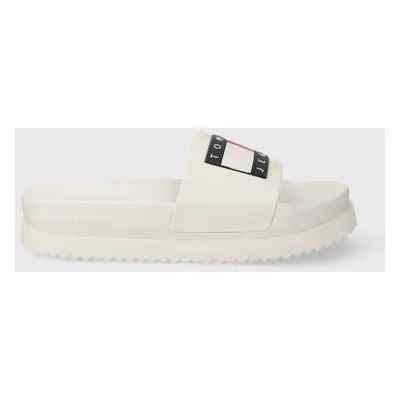 Pantofle Tommy Jeans TJW ELEVATED FLATFORM SLIDE dámské, béžová barva, na platformě, EN0EN02451