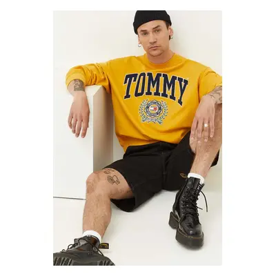 Bavlněná mikina Tommy Jeans pánská, žlutá barva, s aplikací