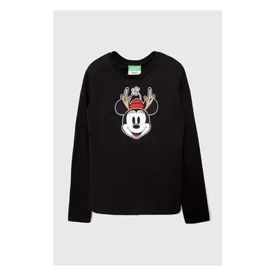 Dětské bavlněné tričko s dlouhým rukávem United Colors of Benetton x Disney černá barva, s potis