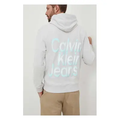 Bavlněná mikina Calvin Klein Jeans pánská, šedá barva, s kapucí, s potiskem, J30J325698