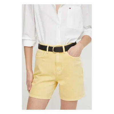 Džínové šortky Tommy Hilfiger dámské, žlutá barva, hladké, high waist, WW0WW41322