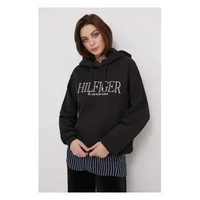 Bavlněná mikina Tommy Hilfiger dámská, černá barva, s kapucí, s aplikací, WW0WW41042