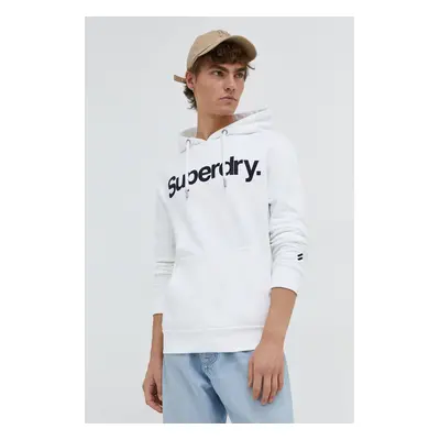 Bavlněná mikina Superdry pánská, béžová barva, s kapucí, s potiskem