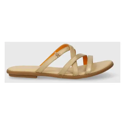 Kožené pantofle Tommy Hilfiger TH STRAP FLAT SANDAL GOLD dámské, zlatá barva, FW0FW08068