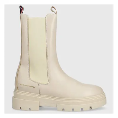 Kožené kotníkové boty Tommy Hilfiger Monochromatic Chelsea Boot dámské, béžová barva, na platfor