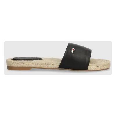 Kožené pantofle Tommy Hilfiger SIMPLE LEATHER FLAT ESP SANDAL dámské, černá barva, FW0FW07933