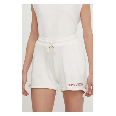 Bavlněné šortky Pepe Jeans KENDALL SHORTS béžová barva, s aplikací, high waist, PL801126