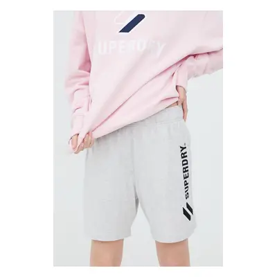 Bavlněné šortky Superdry dámské, šedá barva, s aplikací, high waist